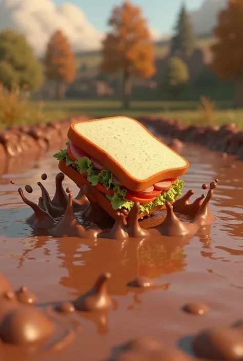 In 3d animated style "The sandwich landing in a large mud puddle, splashing all around."