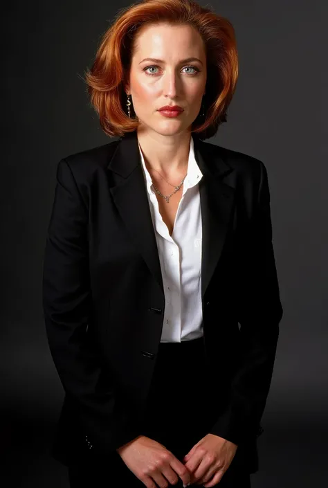 Dana Scully, with small breasts, slim body, unbuttoned clothes , unfastened clothes , wide open clothes , wide open jacket , unbuttoned white blouse, wide open white blouse , black lace lingerie , black lace bra , (black stockings:1.2), high heels , ( full...
