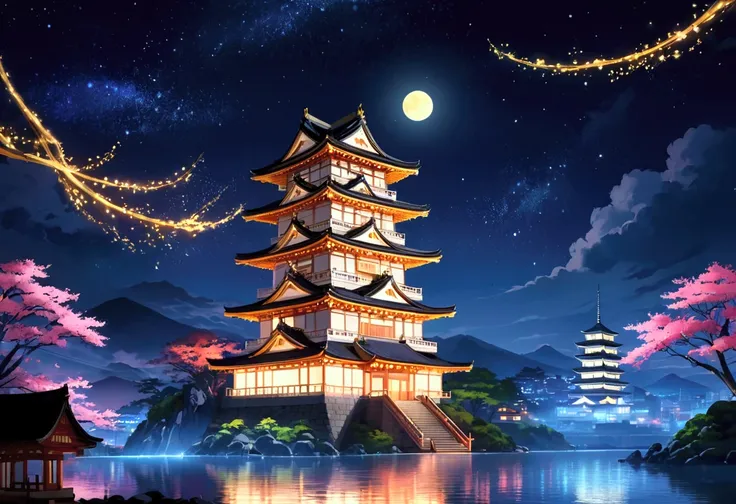 A large building with lots of lights at night,  Colorful Animated Movie Backgrounds, Japan at Night,  anime beautiful peace scene ,  traditional Japanese concept art , Inspired by Goharu Matsumura,  Temple Digital Painting, Colorful Fox City, Japan night v...