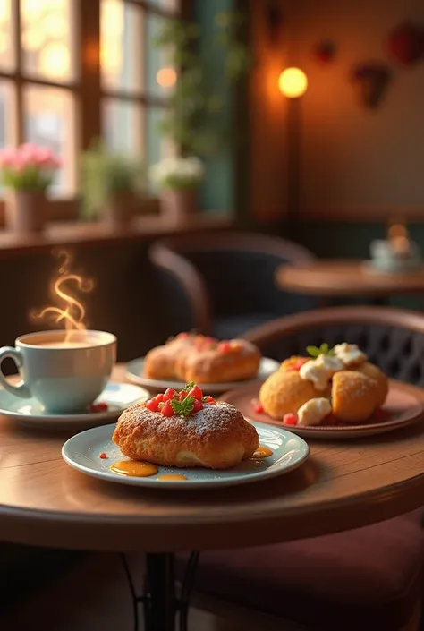  there are three plates of food on a table with a cup of coffee,  cozy cafe background ,  Fantasy bakery interior decoration ,  super realistic food image ,  realistic representation of cinema 4 d , high quality 3d render,  high quality representation in 3...