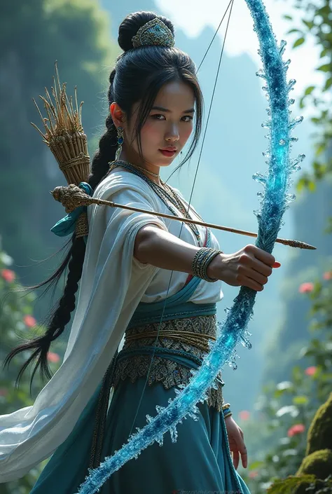 Beautiful Thai warrior girl holding ice bow 