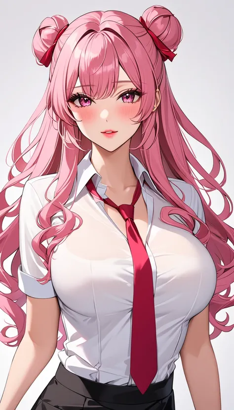  top quality　  Masterpiece  　 high definition 　  Masterpiece  　 pink long hair, curly hair,　　  pink Eyes 　, twin bun bun hair, big breast, seductive, flirty,  blushing, plain backround, no backround, white backround, gyaru, make up, white shirt, red tie, r...