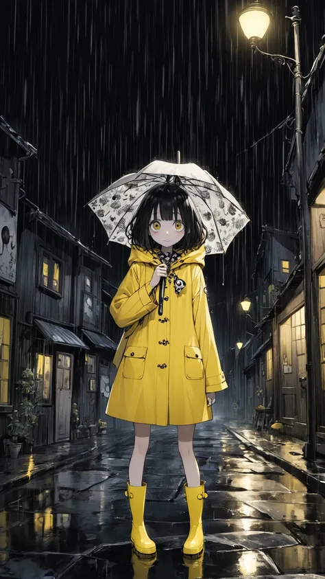  yellow raincoat、Yellow Rain Boots、 girl 、night、 Tim Burton's World、