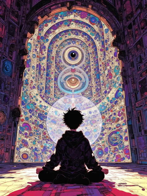  picture of a boy sitting and meditating in a room with a collapsed mandala design,Swirl🌀, psychedelic mandala wall ,Boy meditating with one eye open ,Inspired by NEVERCREW  , anime, 2D illustrationレーション, 2D illustration, production animeーションセル,  Full Page...