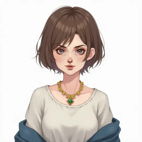 RPG portrait, white background, Front view posture, upper body, Brown eyes, brown short hair, white round blouse, blue outerwear, gold necklace, green jewel decoration on chest.