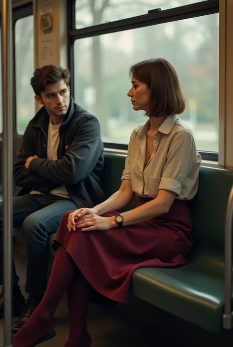 Mature woman sitting on the meter , with skirt, maroon tights,  blouse and short hair he concealingly holds the hand of a young man who is sitting next to the one he wants and who he doesn't know anything, He pretends to be okay 