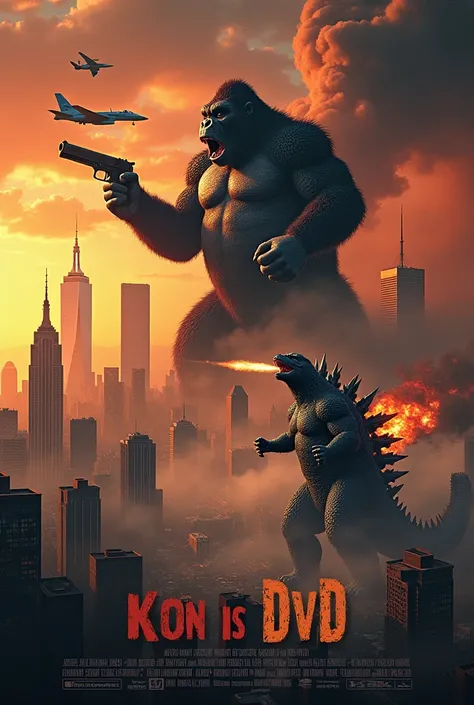 make a offensive and cursed version of the king kong vs godzilla poster but godzilla has a lizard freind, king kong has a gun, 2 planes on fire are heading straight for the 2 towers, they are in new york, a fighter jet dropping a nuke on king kong, The tex...