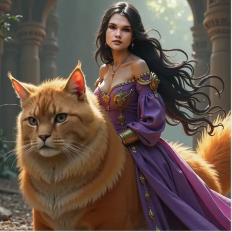 a young woman riding a giant cat, hyper realistic photorealistic portrait, beautiful detailed eyes, beautiful detailed lips, extremely detailed eyes and face, long eyelashes, detailed facial features, detailed skin texture, intricate clothing details, high...