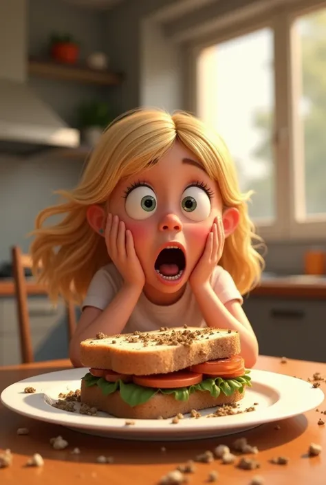 In 3d animated style "Lily looking horrified at the muddy sandwich, her hands on her cheeks in shock."