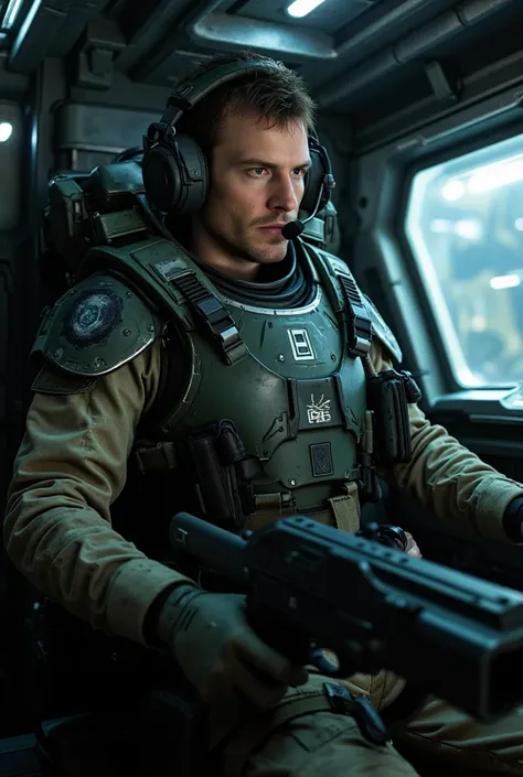 In a dark industrial alien set, male colonial marine wearing colonial marines costume in a spaceship pilot seat. Holding colonial marines pulse tifle