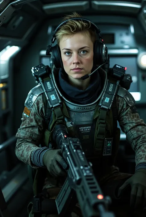 In a dark industrial alien set, female colonial marine,wearing colonial marines costume in a spaceship pilot seat . Holding colonial marines pulse tifle