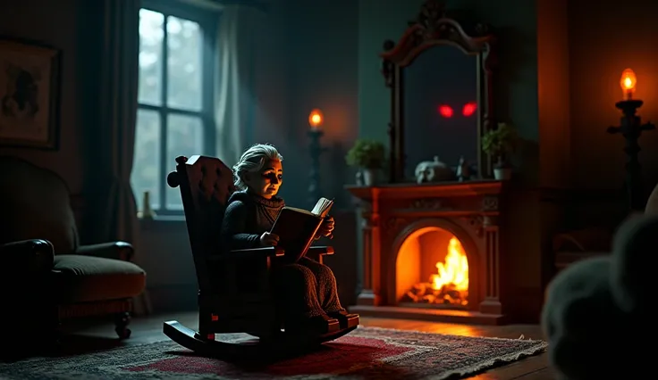 A dimly lit, eerie living room at night with an old, mysterious grandmother sitting in a vintage rocking chair near a crackling fireplace. The grandmother has a slightly ominous yet calm expression, holding an old leather-bound book, illuminated by the war...