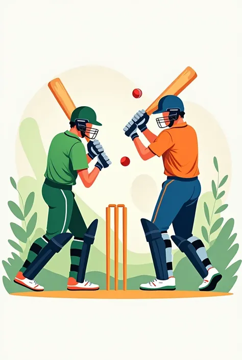 A colorful illustration depicting two cricket players in action. On the left, a boller in a green uniform prepares to hit a stamp, while on the right, another player in an orange and blue outfit is poised to strike. The background features playful, abstrac...