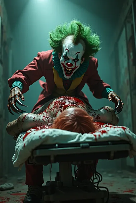 A horrible clown with green hair gutting a person on a stretcher 