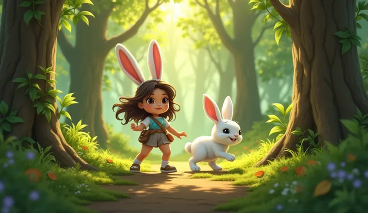 The rabbit leading Zoya into the forest, hopping ahead while Zoya follows, surrounded by tall trees and sunlight streaming through.