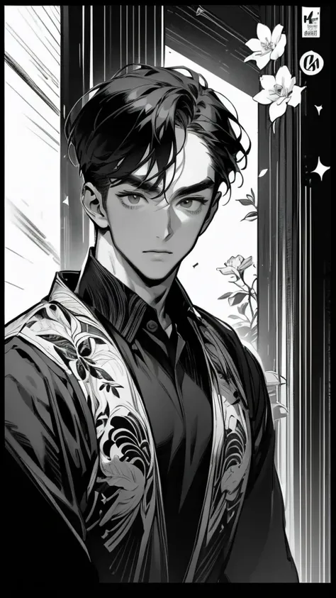 (((Masterpiece,           high resolution,           Top Quality   )))、 ( Black and White、A comic where a handsome man makes you happy in 3 scenes)