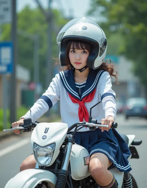  Documentary Photos ,  is present,  dramatic scene ,   very beautiful Japanese high school girl  , Bad boy, Curly, Trying to ride a motorcycle , In front of a Japanese high school, Masterpiece, ( focus on face :1.3), Transparent helmet visor,  beautiful ey...