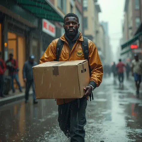 a african realistic delivery man walking in rain pick the delivery box 