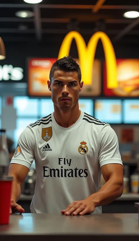  Cristiano Ronaldo in Real Madrid uniform answering at the McDonald's counter