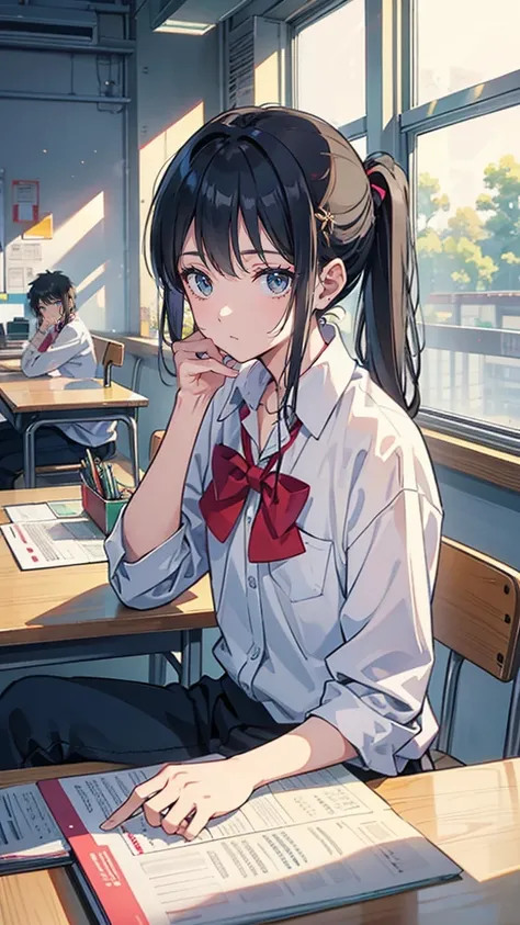 “In a bright classroom filled with the hum of chatter, Takuya sits at his desk, resting his chin on his hand. Reina, her black ponytail tied neatly, leans over from the desk beside him, holding up her notebook. ‘Did you even do the math homework?’ she asks...