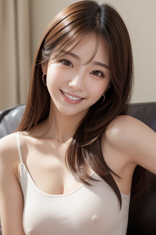 ,(( best quality )),((smile)), is present, 非常に Detailsな,  Details, (( high resolution)), 8k,(( sit on the couch)), beautiful, Well-formed eyes,( Korean women),(( sexy)), beautiful Skin, Detailsな顔,( attractive), tea hair,20th generation, bust size 60cm :  u...