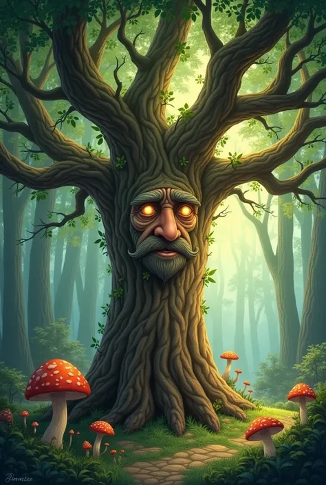 Illustration of a magical old tree in the middle of a dense, enchanting forest. The tree has a face organically formed by the natural curves and textures of its bark, giving it a wise, kind, and slightly worried expression. Its eyes are shaped from knots i...