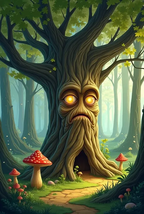 Illustration of a magical old tree in the middle of a dense, enchanting forest. The tree has a face organically formed by the natural curves and textures of its bark, giving it a wise, kind, and slightly worried expression. Its eyes are shaped from knots i...