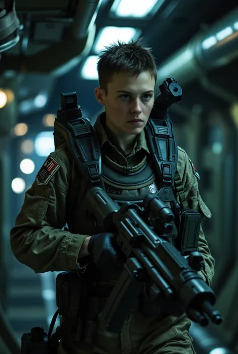 In a dark industrial alien set, female colonial marine,wearing colonial marines costume in an indusrial underground service tunnel. Holding colonial marines pulse tifle