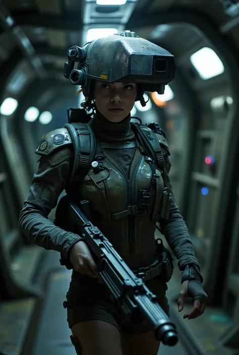 In a dark industrial alien set, female colonial marine,wearing colonial marines costume in an indusrial underground service tunnel. Holding colonial marines pulse tifle