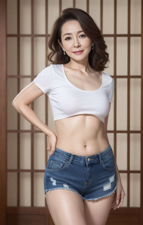 ( best quality ,8k,masterpiece), Portrait of a Mature Woman,Well deep,  very beautiful face , lip gloss, Belly Button Theta 、 denim shorts 、 Sexy Poses、I can see all the way to my feet、 facing forward、