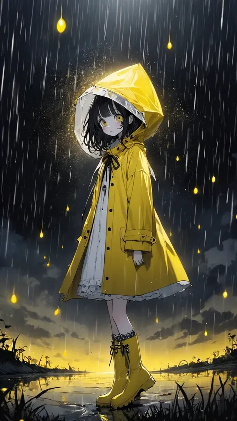  yellow raincoat、Yellow Rain Boots、 girl 、Clear Night、 Tim Burton's World、