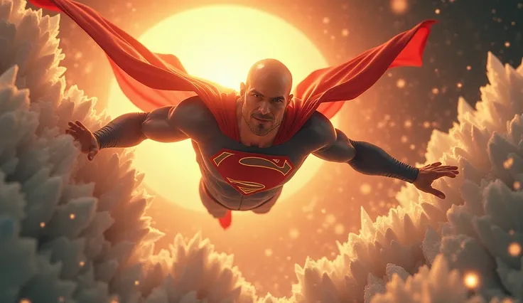  Bald Superman , white crystals, space, Sun, flight,  art nouveau style 