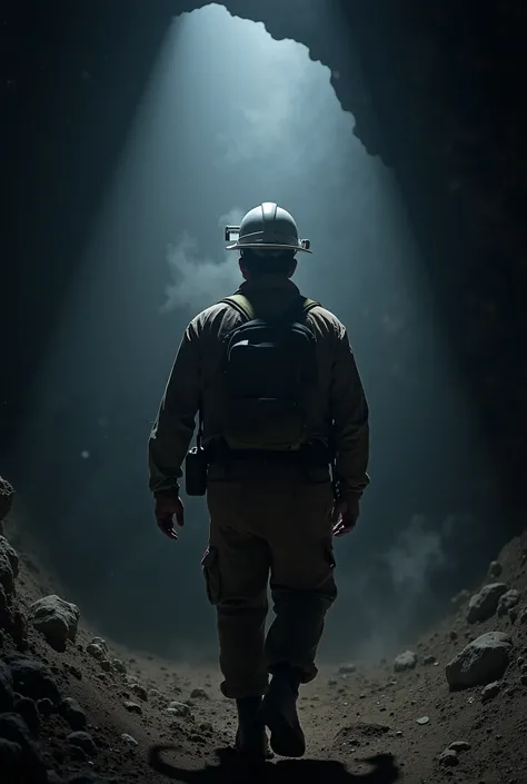 Seen from the back, a miner wearing a gray mining helmet, wearing a mining lamp that shines forward, safety shoes, a waist backpack, walking towards a black rock tunnel, a very dark night background, white smoke, dust, a ray of light.