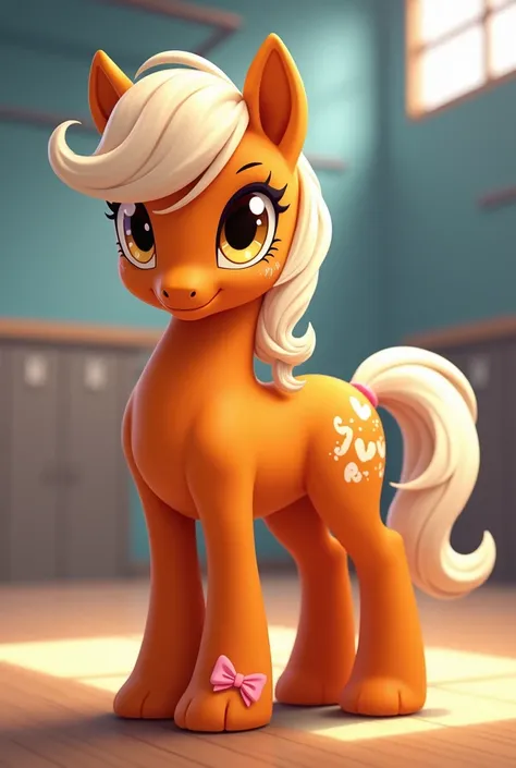 A boypony orange with withe hair hazel eyes a pink bow on the  tail in a gyk with many muscles