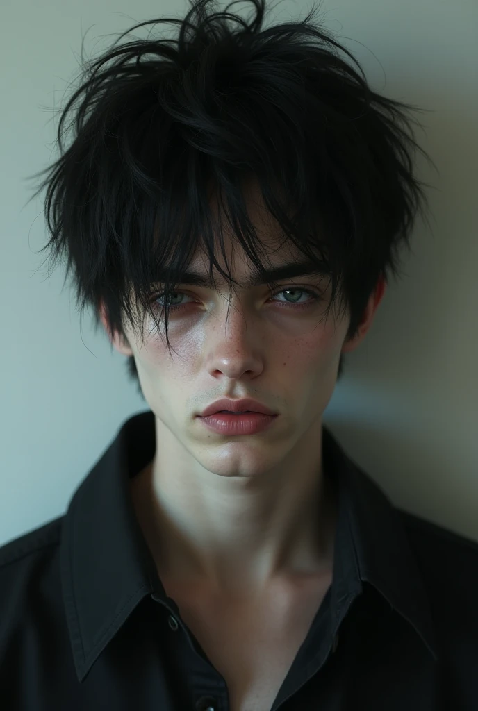 Emo man with black messy hair Closed Mouth, realistic 