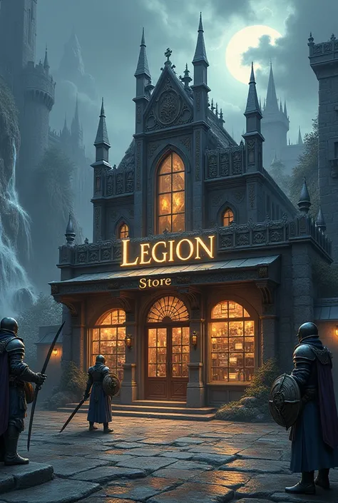 Create an image that shows an online store and that says LEGION STORE in the background with a sword and shield theme