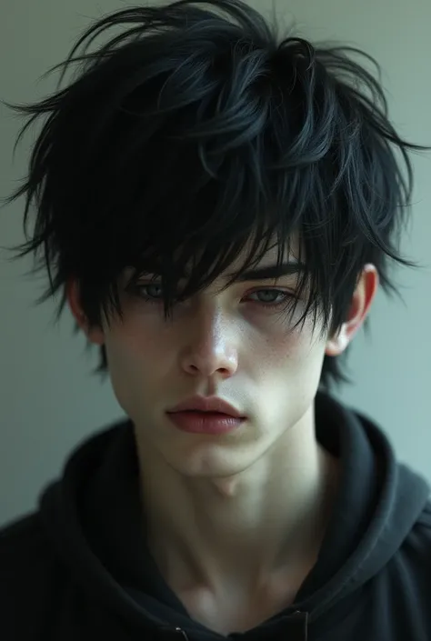 Emo man with black messy hair Closed Mouth, realistic 