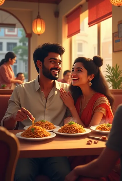 An indian boy 21 year old seat with his girlfriend and smile both, they seat in an Indian  resturant there some table and chair around them and a staff take oder and serve 2 plate choumin 