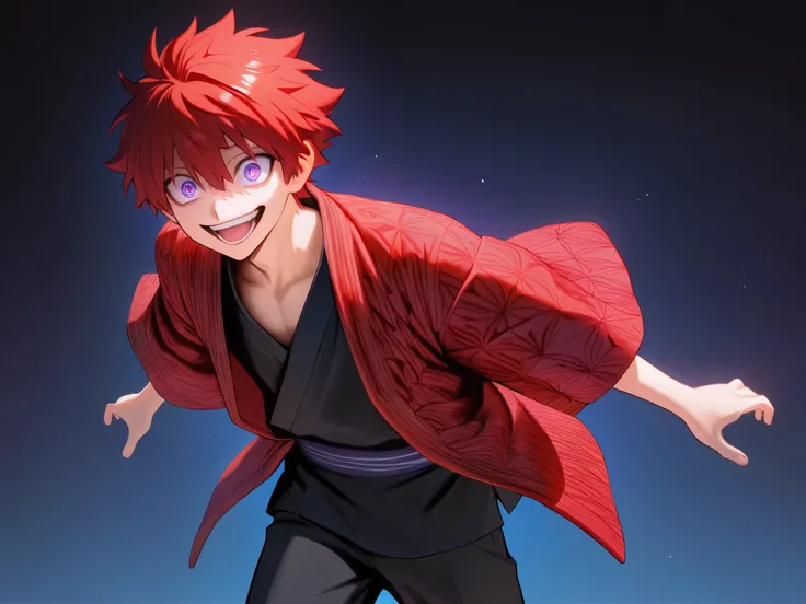 (Rulax: (solo, Man:1.2),red hair,  purple eyes, red yukata, black shirt, oversized black pants), crazy smile , cowboy shot, crazt eyes,(Highly detailed, Absurdres, Anatomically correct, Best quality)