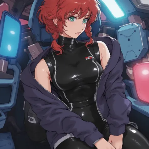  Mobile Suit Gundam The Witch of Mercury,  short curly hair that is red and rises above the eyebrows,  braided side hair, Light female genital exposure, sleeveless black glossy bodysuit, A jacket with an open zipper, A pilot who is passionately piloting fr...