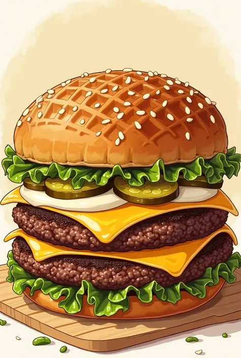 dessin burger : steak, cheddar salade oignon cornichon mayonnaise et gauffre