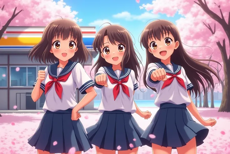 ( 3 cute girls in school uniforms doing fist poses, The background is a lot of pink cherry blossom petals,  anime style,  Ultra Fine, There is 1 convenience store with a horizontal stripe sign with yellow, blue, white, and red side by side from above