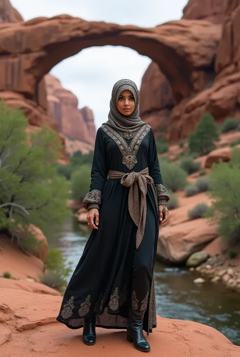 A stunning woman is dressed in a hijab, complemented by a traditional keffiyeh scarf elegantly draped around her neck. She wears a flowing, graceful long warrior abaya adorned with intricate designs, radiating both strength and elegance. Her ensemble is fl...