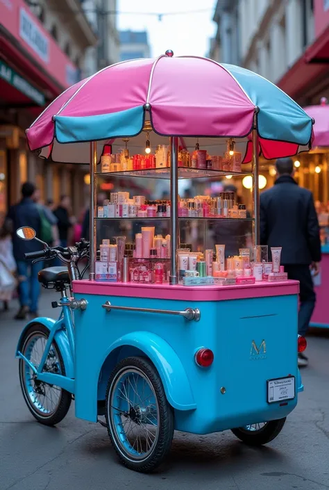 A blue and pink photo of a electric bike cart , it is a store of a cosmetics products