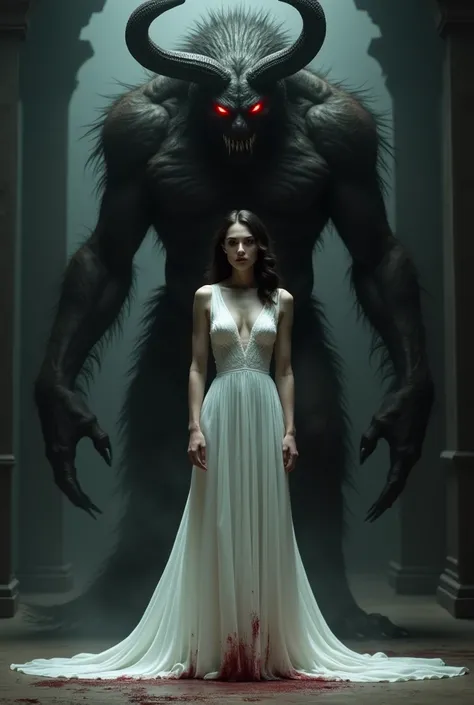  Pretty woman in a white dress stained with blood in front of her demon, Grand, noir, hairy with horns and red eyes 