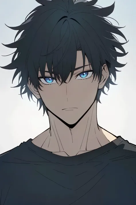 Handsome, solo, male, tall, muscular, short hair, black hair, blue eyes, simple ears, black t-shirt, looking at viewer, facing viewer, simple background, white background