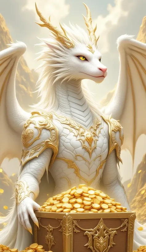 (best illumination, best shadow, masterpiece, best quality),  white  king dragon, majestic, intimidating, powerful, epic, royal armor of white and gold with intricate details, clean lines, perfect illustration,The surrounding scenery is golden mountains, l...