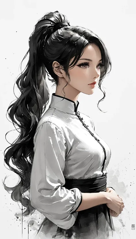 Neo-noir futuristic art style, waist-up, proportional body, semi-realistic anime-style of woman facing side. Mature woman, long, black hair tied in ponytail hair style, loose waves over shoulders. Age 23. Warm tan skin tone, golden undertones, gentle pink ...