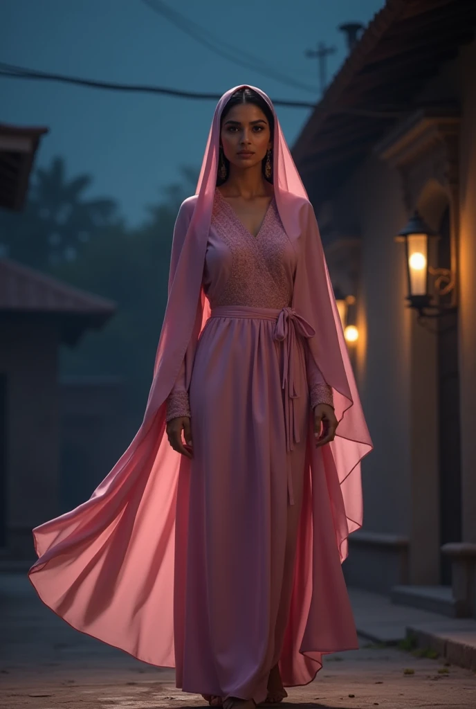 Deepika Padukone dressed in a pink abaya with veil in a northern Nigerian setting at night walking
