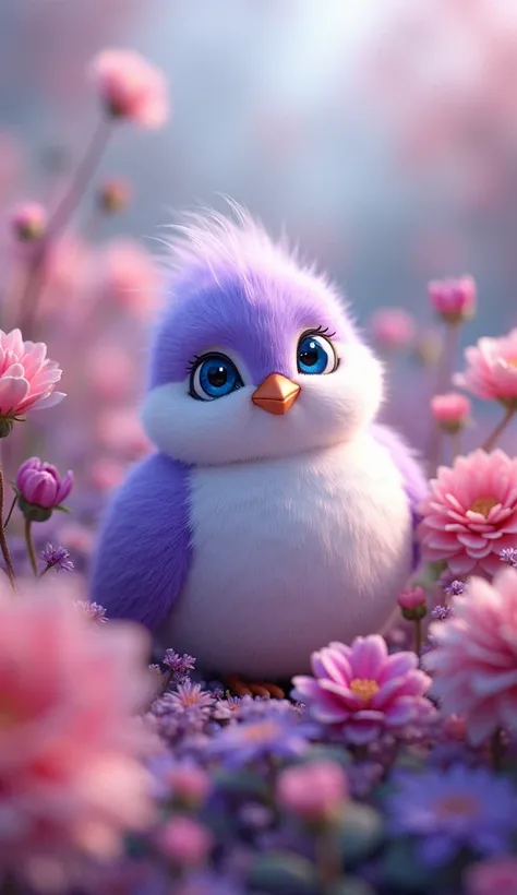 Beautiful little fluffy laddy bird(blue eyes. Purple and white colour)are sitting in the flower in 3D animation 